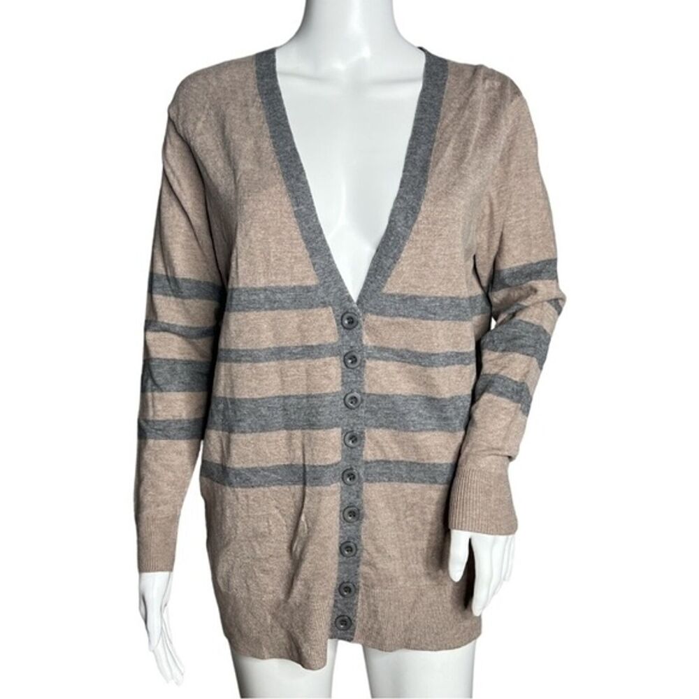 Cotton Emporium Sweater Womens Medium Brown Gray Striped Cardigan Neutral Preppy
